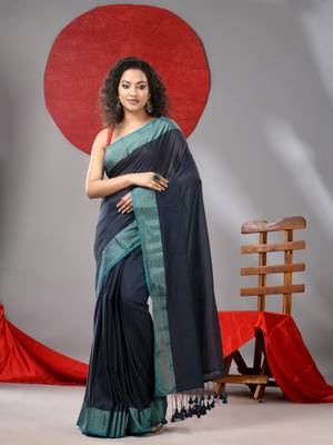 Grey cotton soft saree with zari border 1