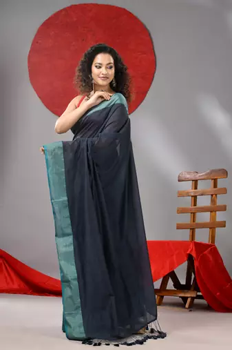 Grey cotton soft saree with zari border