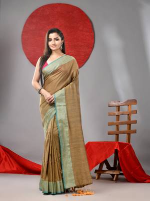 Beige cotton soft saree with zari border 1