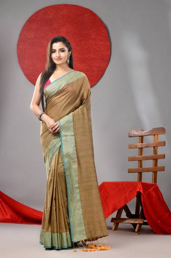 Beige cotton soft saree with zari border