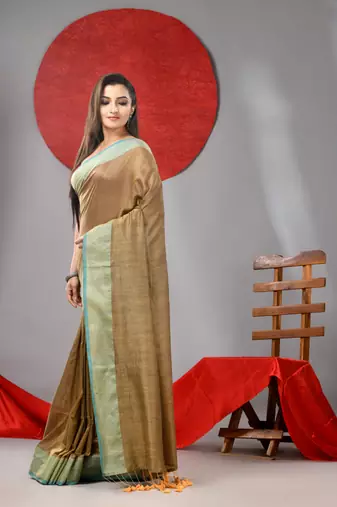 Beige cotton soft saree with zari border