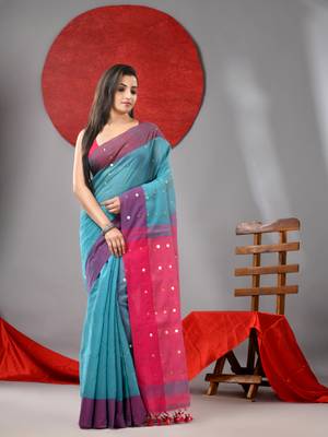 Sea green cotton blend saree with sequins work 1