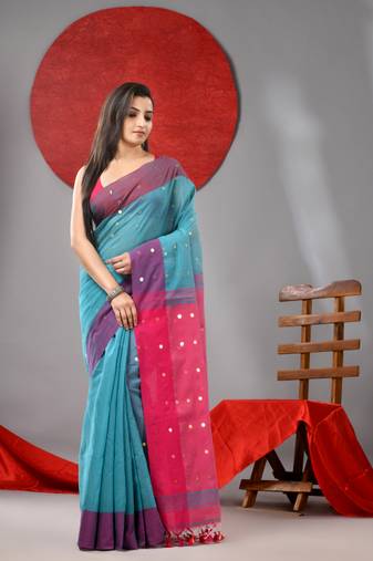 Sea green cotton blend saree with sequins work
