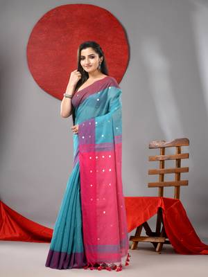 Sea green cotton blend saree with sequins work 2