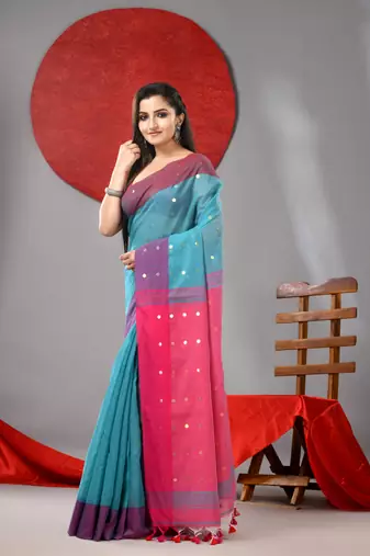 Sea green cotton blend saree with sequins work