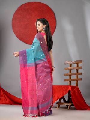 Sea green cotton blend saree with sequins work 3