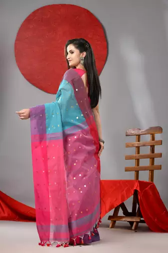 Sea green cotton blend saree with sequins work