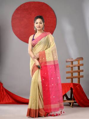 Yellow cotton blend soft saree with sequins work 1