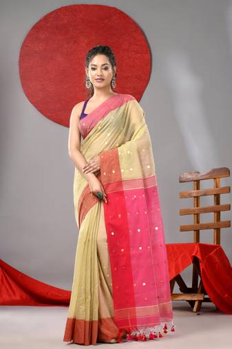 Yellow cotton blend soft saree with sequins work