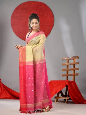 Yellow cotton blend soft saree with sequins work 2