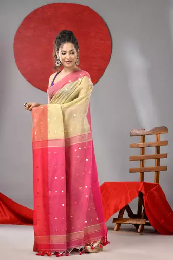 Yellow cotton blend soft saree with sequins work