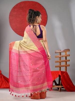 Yellow cotton blend soft saree with sequins work 3