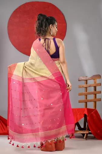 Yellow cotton blend soft saree with sequins work