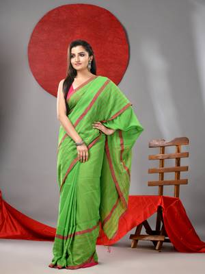 Parrot green cotton soft saree with checked box border 1
