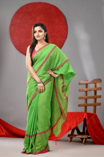 Parrot green cotton soft saree with checked box border