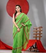 Parrot green cotton soft saree with checked box border