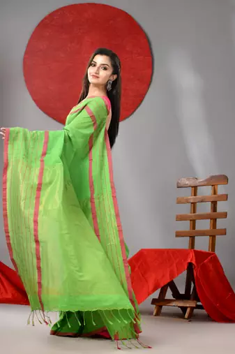 Parrot green cotton soft saree with checked box border