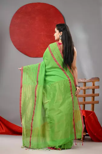 Parrot green cotton soft saree with checked box border