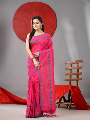 Pink cotton soft saree with checked box border 1