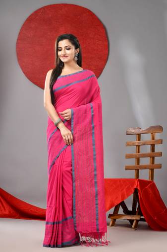 Pink cotton soft saree with checked box border