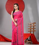 Pink cotton soft saree with checked box border