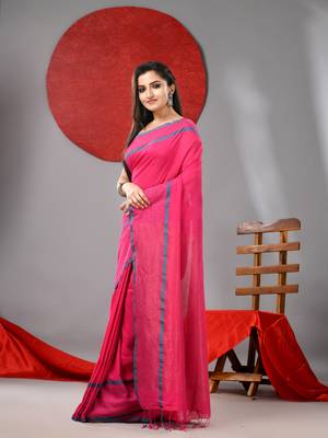 Pink cotton soft saree with checked box border 2