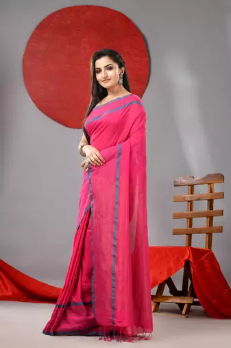 Pink cotton soft saree with checked box border