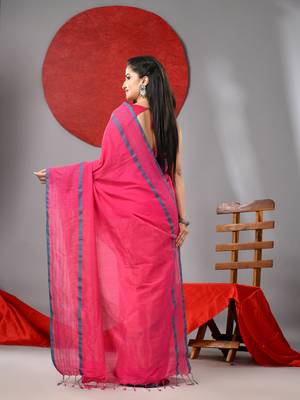 Pink cotton soft saree with checked box border 3