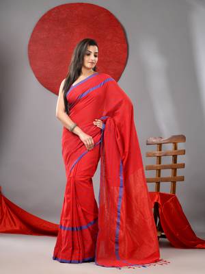 Red cotton soft saree with checked box designs 1