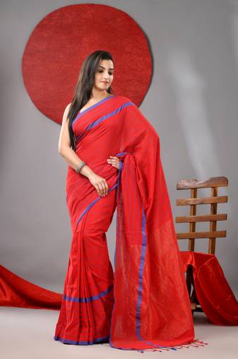 Red cotton soft saree with checked box designs