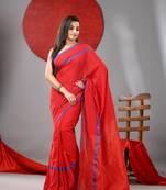 Red cotton soft saree with checked box designs