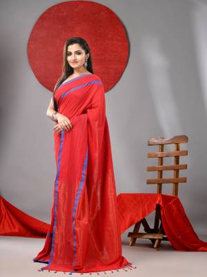 Red cotton soft saree with checked box designs 2