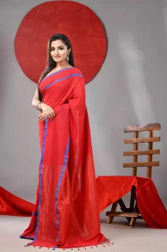 Red cotton soft saree with checked box designs