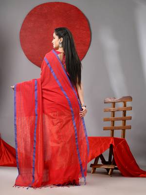 Red cotton soft saree with checked box designs 3