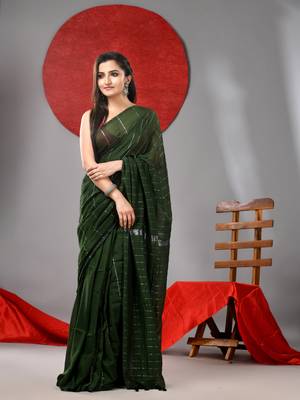 Green cotton soft saree with stripe designs 1