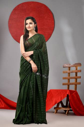 Green cotton soft saree with stripe designs