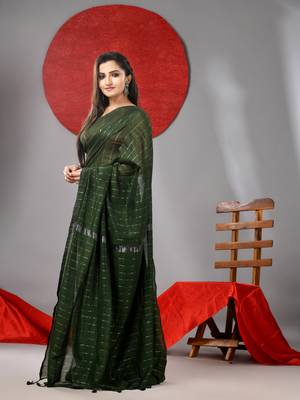 Green cotton soft saree with stripe designs 2