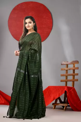Green cotton soft saree with stripe designs