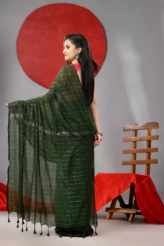 Green cotton soft saree with stripe designs