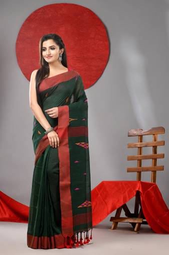 Green linen soft saree with woven designs