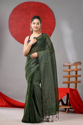Green cotton soft saree with check designs