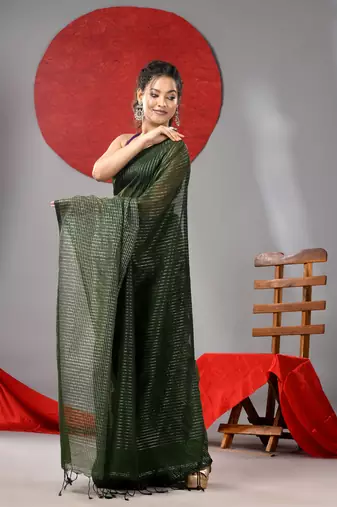 Green cotton soft saree with check designs