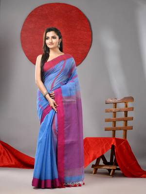 Sky blue cotton blend soft saree with kantha style 1