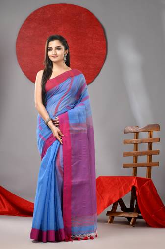 Sky blue cotton blend soft saree with kantha style