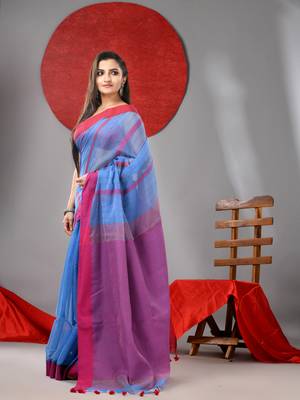 Sky blue cotton blend soft saree with kantha style 2