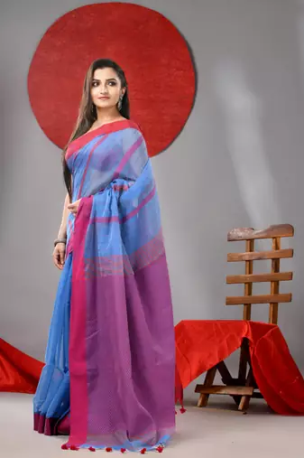 Sky blue cotton blend soft saree with kantha style