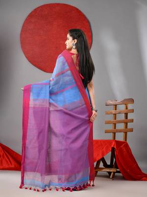Sky blue cotton blend soft saree with kantha style 3