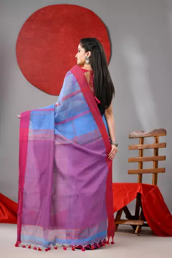 Sky blue cotton blend soft saree with kantha style