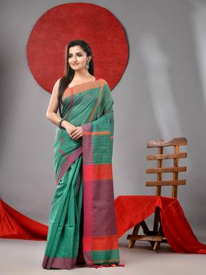 Green cotton blend soft saree with kantha style 1