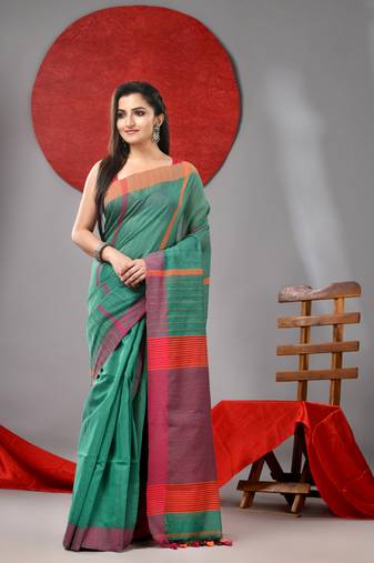 Green cotton blend soft saree with kantha style